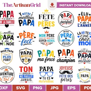 Puede incluir: Una colección de diseños digitales coloridos con la palabra "PAPA" en varios estilos, incluyendo texto y elementos gráficos. Los diseños son en rojo, azul, amarillo y verde, adecuados para el Día del Padre.