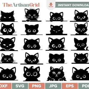 Peut inclure: Une collection numérique de vingt silhouettes de chats noirs dépassant d'une ligne horizontale, avec diverses expressions et textures de poils. Le texte The ArtisanGrid et Instant Download figure en haut, avec les formats DXF, SVG, PNG, JPG, EPS et PDF en bas.
