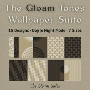 Pode incluir: Imagem de designs de papel de parede com o texto "The Gloam Tones Wallpaper Suite". A imagem apresenta 15 designs, modos diurno e noturno e 7 tamanhos. Os designs apresentam padrões geométricos e abstratos em tons de castanho, bege e preto.