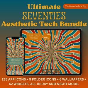 May include: A smartphone and tablet display a retro-themed aesthetic tech bundle. The screens feature a vibrant, swirling pattern in orange, red, blue, and yellow. Text includes "Ultimate Seventies Aesthetic Tech Bundle," "Here Comes The Sun," and "Stay Wild Moon Child."