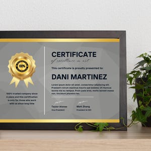 May include: A framed certificate of excellence in art. The certificate has a gold seal with a 100% satisfaction guarantee. The certificate is presented to Dani Martinez. The text reads "100% trusted company since 6 years and this certification is only for those who work with us since long time."