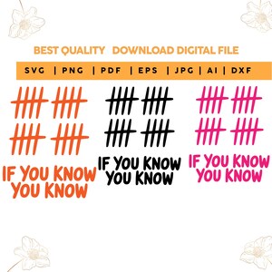 May include: Digital file with tally marks in orange, black, and pink, with the phrase "IF YOU KNOW YOU KNOW" below each set. The file formats include SVG, PNG, PDF, EPS, JPG, AI, and DXF.