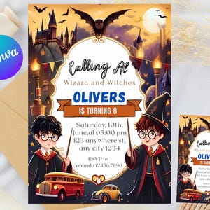 Editable Wizards & Witches Birthday Invitation, Magical Castle Party, Printable Wizardry Invite, Digital Template MWW018