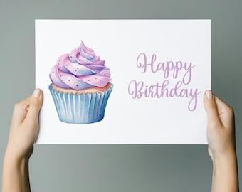 Pastelkleurige cupcake-verjaardagskaart: afdrukbaar aquarelontwerp (digitale download)