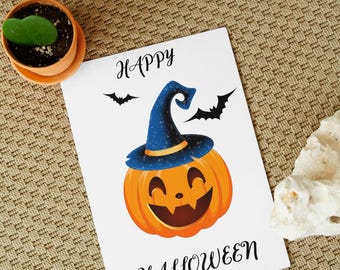Halloween Pumpkin Card: Witch Hat Jack-o'-Lantern Digital Art (PNG Download