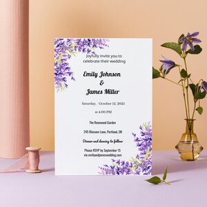 Printable Floral Wedding Invitation Template - Lavender Watercolor Editable Invite - Digital Download PDF for DIY Wedding