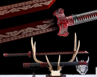 Hand-Forged 1060 Steel Tang Dao, Red Cloud Blade, Black Scabbard