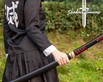 Artisan-Crafted Tanjiro Kamado Style Japanese Sword, Flame-Themed Tsuba, Black Handle with Red Accents, Collectible Anime Display Piece