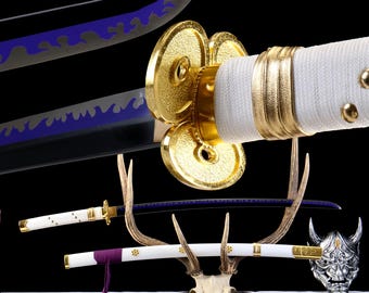 Hand Forged Zoro Enma Katana, 1045 Carbon Steel, Purple Flame, Anime Collectible
