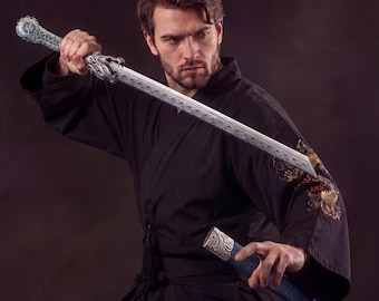 Handmade Silver Dragon Sword | 1065 Carbon Steel Blade | Blue Scabbard Engraved Pattern Collectible Katana
