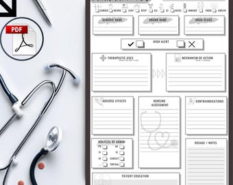 Printable Pharmacology Template for Nursing Student, Nursing Templates, Drug Card, Medicine Note-taking, Fillable Nursing School, Drug Card