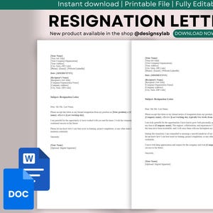 Peut inclure: Modèle de lettre de démission imprimable avec des champs modifiables. Le document est affiché ouvert, avec une icône Microsoft Word et une icône DOC en bas à gauche. La bannière supérieure indique "RESIGNATION LETTER".