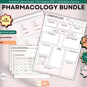 May include: A bundle of printable pharmacology study sheets. The sheets include templates for drug cards, cheat sheets, and a pharmacology template. The bundle includes the text "Pharmacology Bundle", "Instant download", and "Printable PDF". There is a special offer of 40% off.