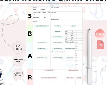 SBAR Nursing Report Sheet Template | Student Nurse Brain Sheet | ICU Med Surg Study Organizer | Care Plan Notes | Digital Download