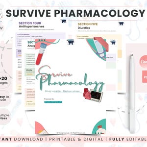 Peut inclure: Un guide d'étude numérique intitulé "Survive Pharmacology" avec des sections sur les antihypertenseurs et les diurétiques. Le guide comprend un stylo, un graphique de cœur et le texte "Study smarter. Reduce stress."