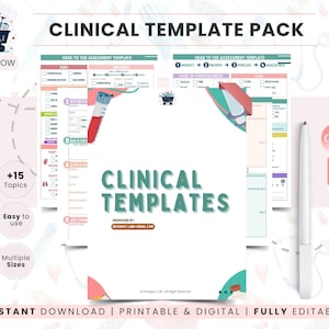 Peut inclure: Un pack de modèles cliniques avec le texte "Clinical Template Pack" en grandes lettres en gras. L'image comprend des modèles, un stylo et le texte "Instant Download | Printable & Digital | Fully Editable". Le texte supplémentaire comprend "+15 Topics", "Easy to use" et "Multiple Sizes".