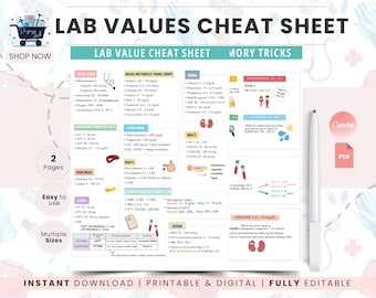 Lab Values Cheat Sheet Printable | Nursing School Study Notes | NCLEX Prep | Medical Cheat Sheet | Lab Reference Card | Vital Signs