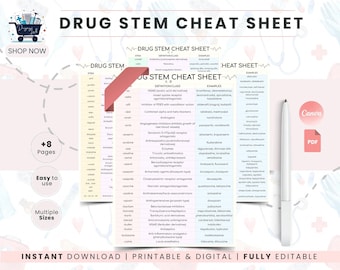 Drug Stem Cheat Sheet | Pharmacology Study Guide | Nursing Student Notes | NCLEX Exam Prep | Medical Terminology Organizer