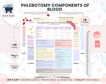 Phlebotomy Blood Components & Tube Color Reference | Order of Draw Cheat Sheet | Lab Tech Student Organizer | Editable PDF
