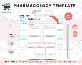 Afdrukbare farmacologiesjabloon voor verpleegkundestudenten | PDF A4- en US Letter-formaat