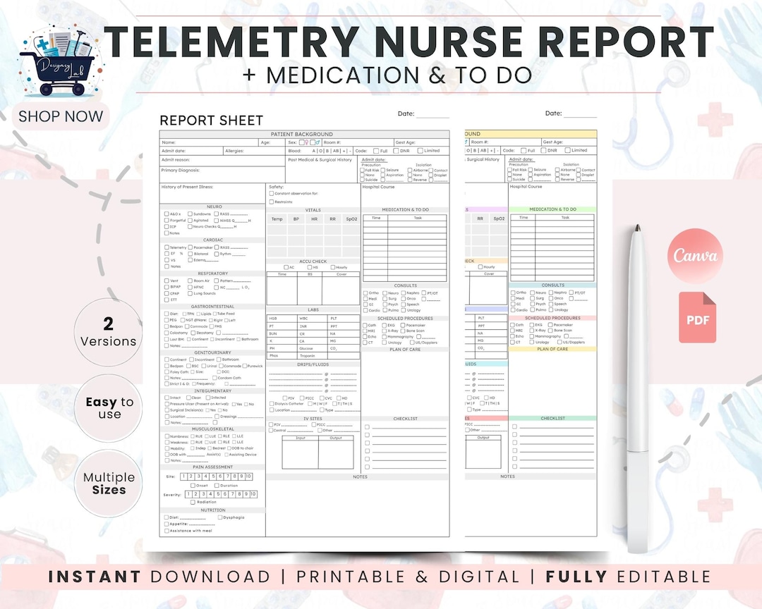 Telemetry Nurse Report Sheet Template Printable | ICU Med Surg Study ...