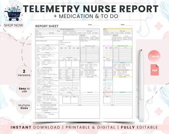 Telemetry Nurse Report Sheet Template Printable | ICU Med Surg Study Organizer | Nursing Notes Head to Toe