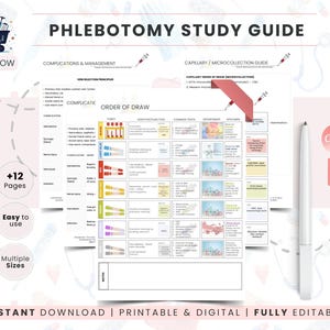 Phlebotomy Study Guide, Order of Draw and Lab Values, Printable Notes for Lab Tech Student Nurse Medical Assistant PDF A4 | US Letter