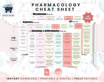 Sjabloon voor studienotities farmacologie | Organizer voor medicatiecursussen verpleegkunde | Sjabloon voor medicatie in de interne geneeskunde/chirurgie | Notitiekaarten farmacologie