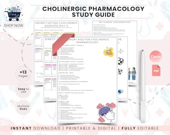 Cholinergic Pharmacology Study Template | Nursing School Notes Organizer | Med Surg Flashcard Format | Medication Study Guide NCLEX Prep