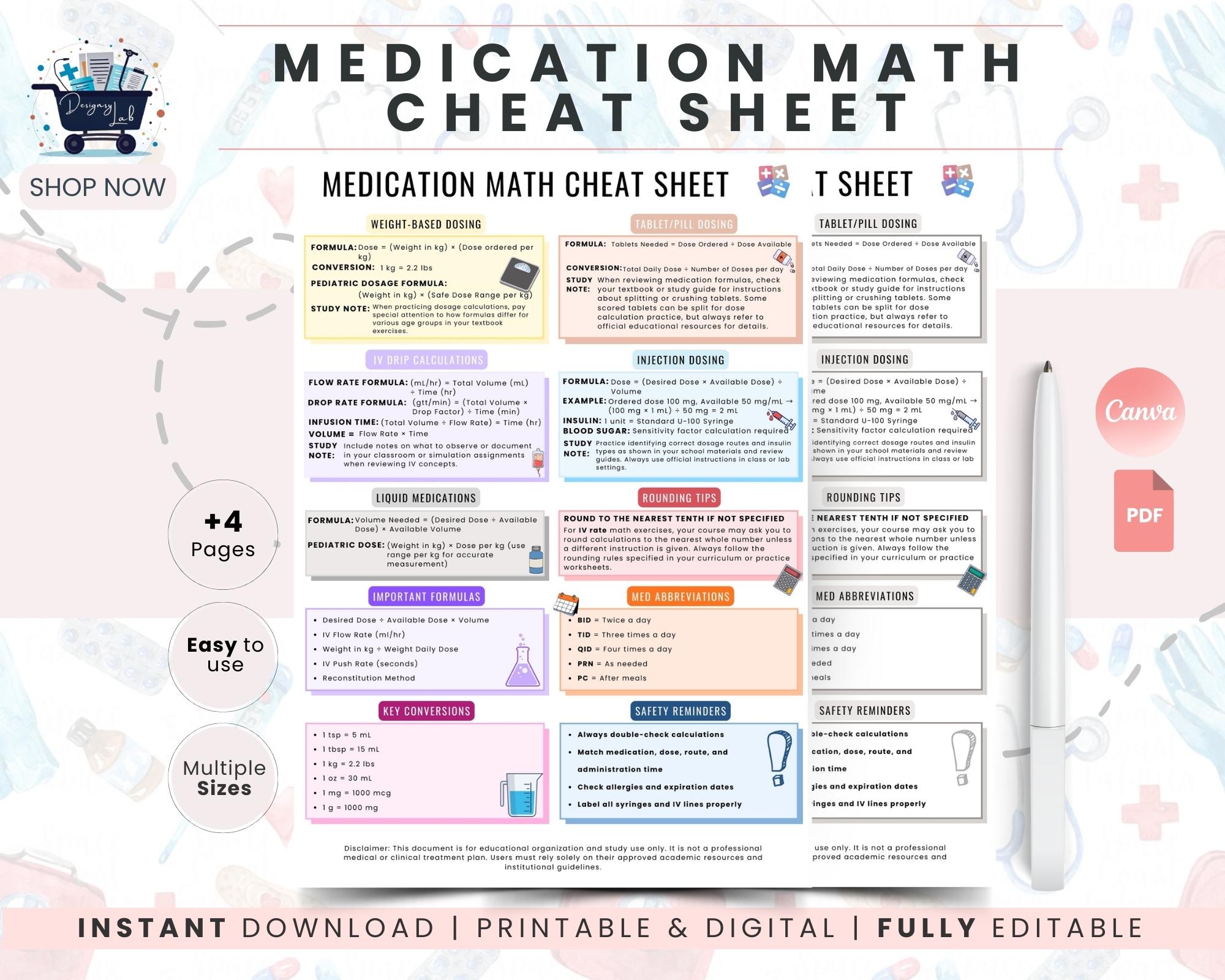 Medication Math Backgrounds Medication Math Cheat Sheet | Nursing Student Study Template | Dosage ...