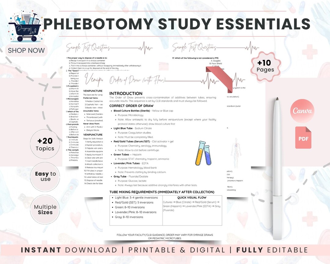 Phlebotomy Study Guide | Order of Draw Cheat Sheet, Exam Prep Practice ...