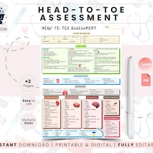 Head to Toe Assessment Template | Nursing Student Study Organizer | Physical Exam Checklist Worksheet | Nursing School Notes | NCLEX Study