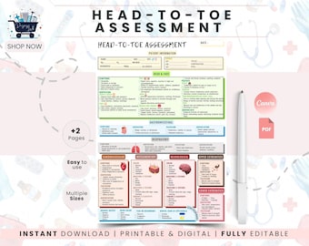 Mall för bedömning från topp till tå | Studieorganisatör för sjuksköterskestudenter | Arbetsblad med checklista för fysisk undersökning | Anteckningar för sjuksköterskeskolan | NCLEX-studie
