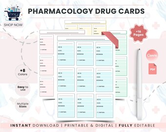 Printbaar sjabloon voor een farmacologie-medicatiekaart | Studie-aantekeningenorganizer voor verpleegkundestudenten | NCLEX-voorbereiding | Direct te downloaden als PDF