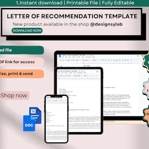 Peut inclure: Modèle numérique de lettre de recommandation affiché sur un ordinateur portable, une tablette et un smartphone. L'image comprend le texte "LETTER OF RECOMMENDATION TEMPLATE" et les instructions : télécharger, ouvrir le PDF, personnaliser, imprimer et envoyer.