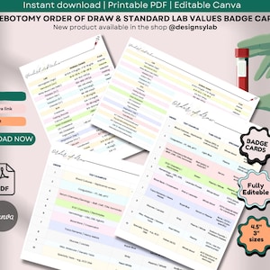 May include: A collection of printable phlebotomy badge cards with the text "Phlebotomy Order of Draw & Standard Lab Values." The cards are available as an instant download in PDF format and are fully editable. The cards are available in 4.5" x 3" sizes.