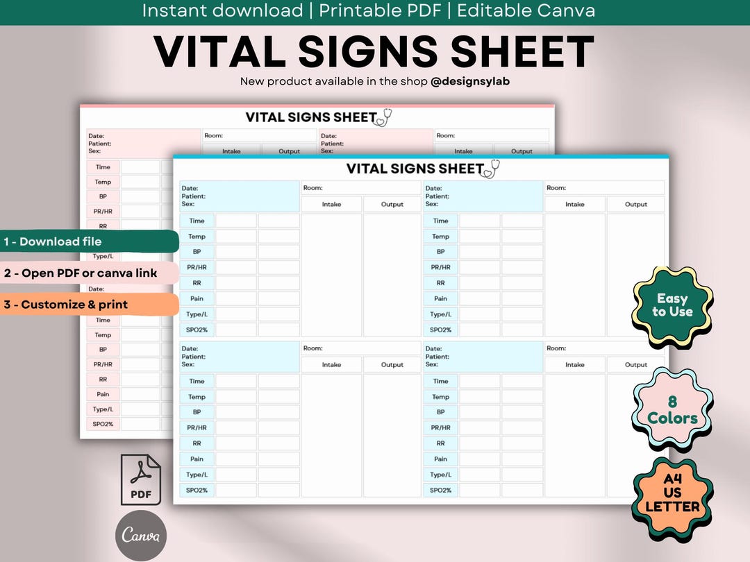 Printable Vital Signs Sheet Template PDF | A4 | US Letter - Etsy UK