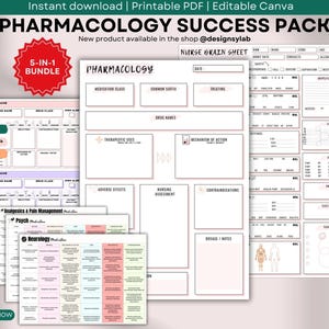 May include: A bundle of printable pharmacology study sheets with the text "Pharmacology Success Pack". The sheets include sections for drug names, therapeutic uses, and nursing assessments. The image also includes the text "5-IN-1 BUNDLE" and "Easy to Use".