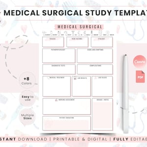 Medical Surgical Study Template | Nursing Student Notes Organizer | Disease Concept Map | Pathophysiology Study Guide | Digital Planner