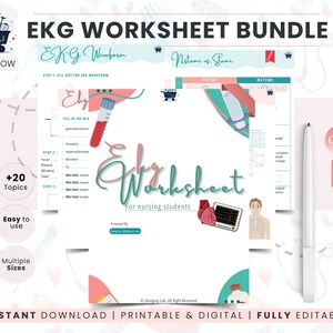 Peut inclure: Un ensemble de fiches d'exercices d'ECG pour les étudiants en soins infirmiers. L'image présente le texte "EKG Worksheet Bundle" et "Instant Download | Printable & Digital | Fully Editable". Les fiches comprennent des schémas et des illustrations médicales.