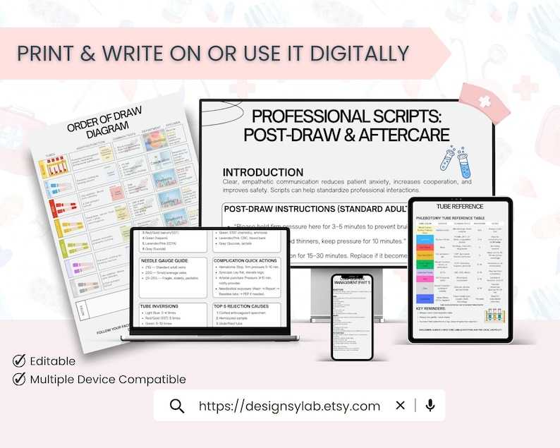Printable Phlebotomy Study Reference Pack, Order of Draw Chart ...