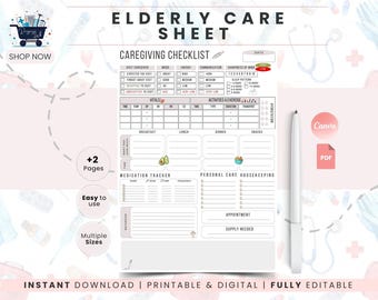 Elderly Care Log PDF | Caregiver Daily Log | Medication Tracker | Caregiver Checklist | Home Nurse Planner | Senior Care