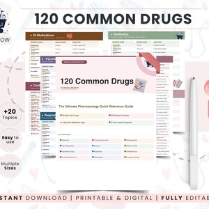 Puede incluir: Una guía digital titulada "120 Common Drugs" para estudiantes de enfermería, con secciones sobre medicamentos GI y antibióticos. La guía es imprimible y totalmente editable. Incluye un icono de carrito de compras, el logotipo de Canva y un icono de PDF.