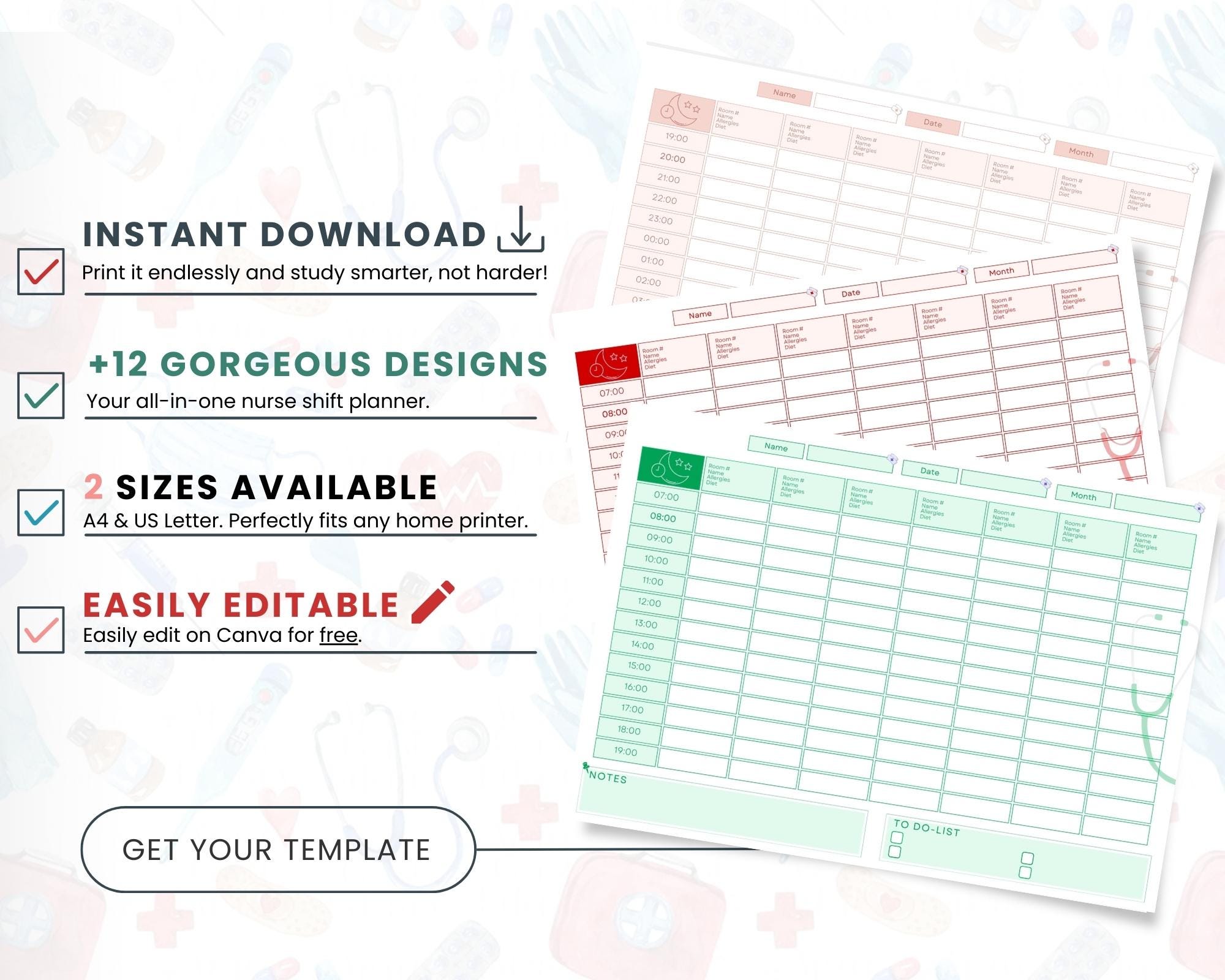 Day Shiftnote Nurse Shift Planner Printable | Hourly Nursing Notes Organizer | 7 ...