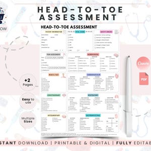 Head to Toe Nursing Assessment Form | Clinical Notes Template Study Guide | Nursing Student Organization Sheet Digital Download