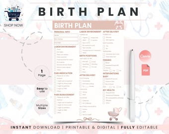 Birth Plan Template Printable | Editable Birth Plan Checklist | Labor & Delivery Planner | Pregnancy Planner | C Section Birth Plan PDF