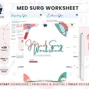 May include: A white worksheet titled "MED SURG WORKSHEET" for nursing students. The worksheet includes sections on the respiratory and endocrine systems, with fill-in-the-blank and matching exercises. A white pen rests on the right side of the worksheet.