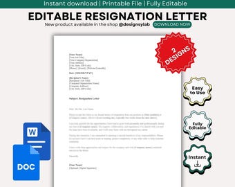 Editable Resignation Letter Template, Editable Professional Resignation Letter Word | Google Docs