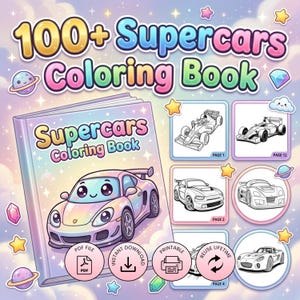 Cars Coloring Book, Racing & Sports Cars Coloring Pages, Kids Activities Pages, Kids Coloring Sheets, Toddler Coloring (Printable PDF)