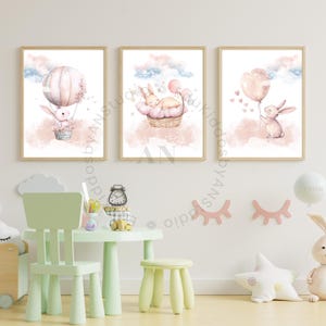 Impressões de parede para berçário, tema de coelho excêntrico, decoração de quarto de bebê, estampas de animais da floresta em tons pastel neutros, presente de chá de bebê, decoração para casa